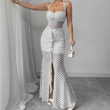 European, American And French Style Polka Dot Brace Fashion Sexy Mesh Sleeveless Chiffon Backless Dress