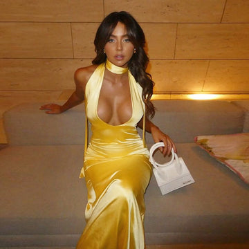 Elegant Sexy Slim Deep V Halter Strap Satin Dress
