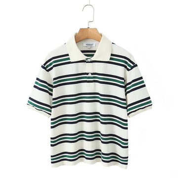 Retro Contrast Color Pure Cotton Striped Polo Shirt