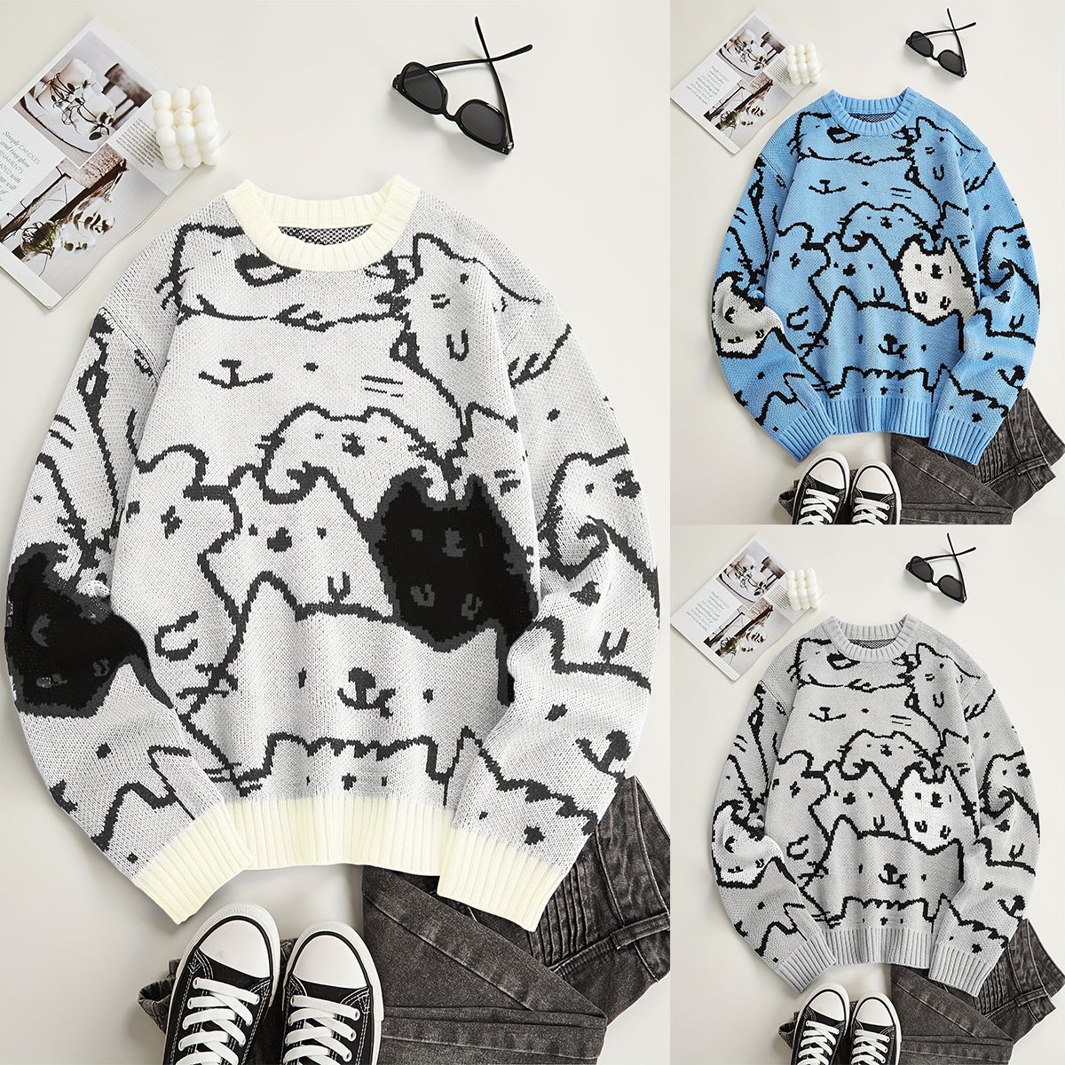 Cat Contrast Color Loose-fitting Casual Round-neck Knitted Sweater