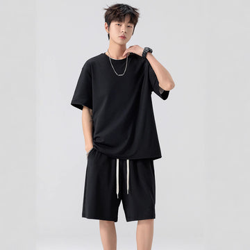 Men's Ice Silk T-shirt Fifth Pants Suit Solid Color