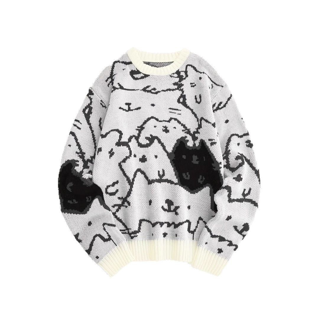 Cat Contrast Color Loose-fitting Casual Round-neck Knitted Sweater