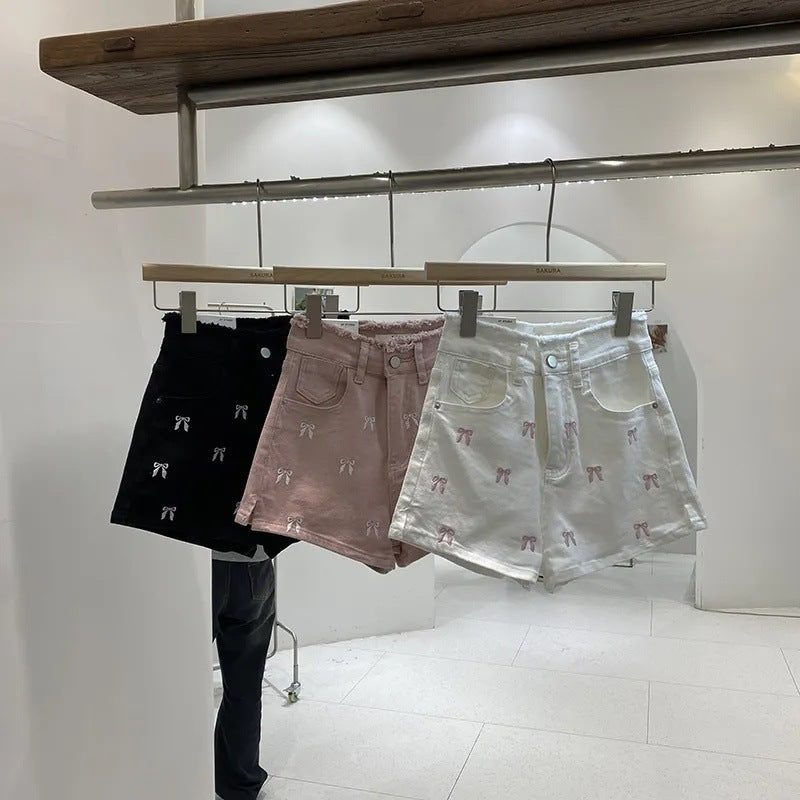 Slim Fit Burrs High Waist Denim Hot Pants Women's Summer Wide Leg Shorts