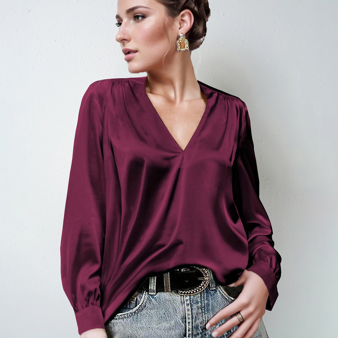 Satin Pleated Long-sleeved Top V-neck Casual Loose Shirt