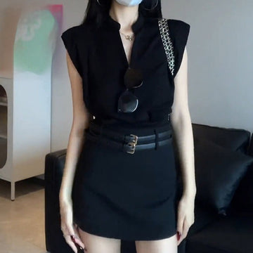 Goddess Temperament Sleeveless V-neck Shirt Skirt Two-piece Suit